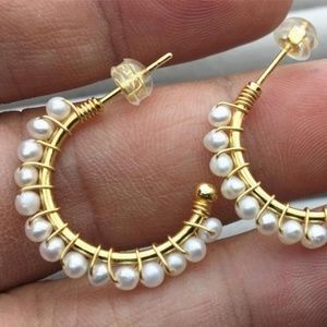REAL Cultured White Pearl 14K Gold Plated Hoops - 1 inch by 1 inch